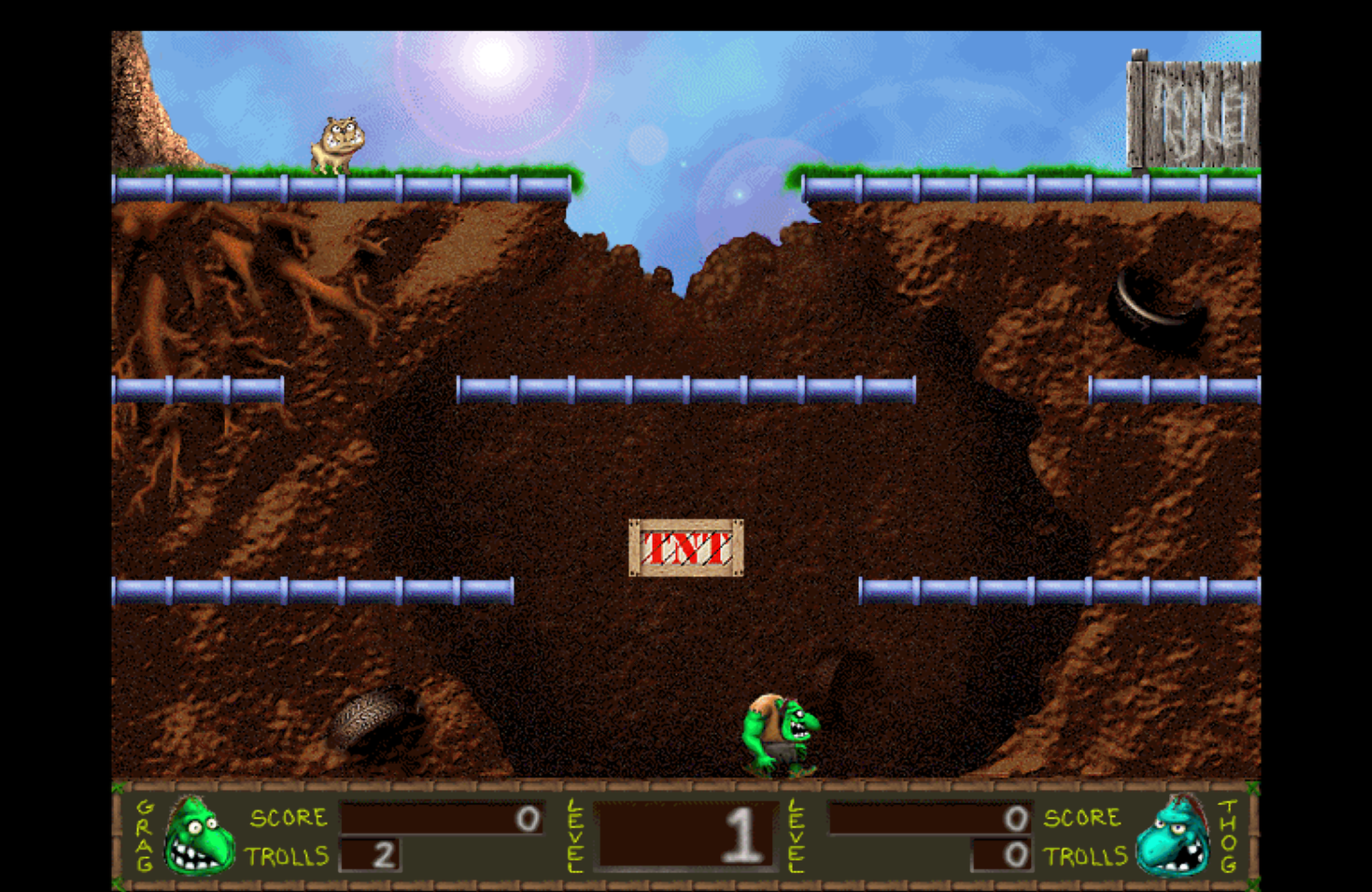 Classic Bonkheads platform gameplay showing a troll in an underground level with platforms and TNT