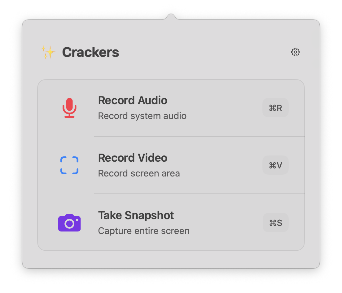 Crackers capture menu with audio, video and snapshot options