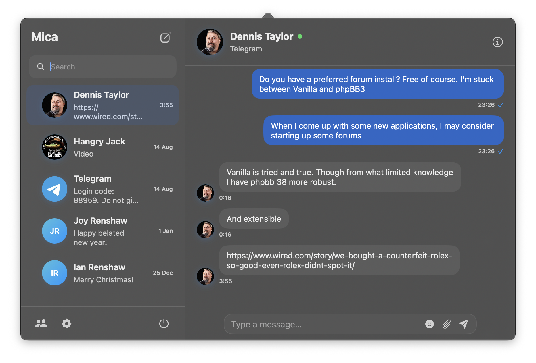 Mica Telegram client in dark mode