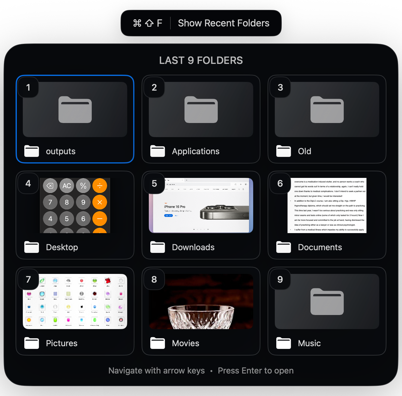 Popcorn recent folders browser in dark mode